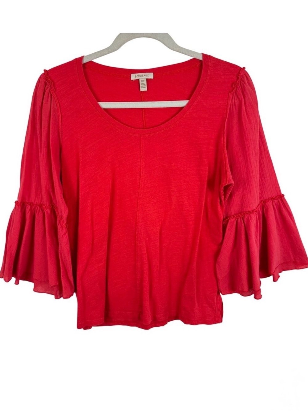 Bordeaux Womens Coral Cotton Slub Tiered Bell‎ Sleeve Scoop Neck Blouse Medium